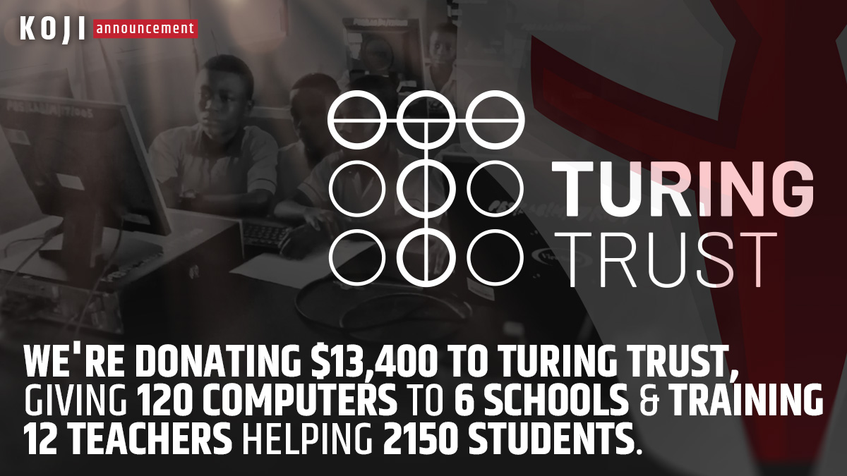 kojiearth's tweet photo. $KOJI is incredibly proud to partner with @TuringTrust!

Our donation of $13,400 will equip 6 schools in Malawi with 120 Computers 🖥️, train 12 teachers 🧑‍🏫 &amp; help 2150 students🧑‍🎓!

Read more: https://t.co/xUbkdAD7rT

$KOJI just passed $50k+ in total donations!

#Charity #BSC https://t.co/Bx0m7xKPrq