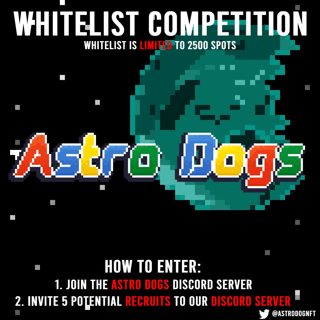 AstrodogNFT's tweet photo. The Astro Dogs Whitelist Competition 

Make sure you take part to guarantee yourself a chance to mint. Let’s take this project to the next level. 

Tell your friends, family and everyone you know about The Astro Dogs. https://t.co/3q4ROlQGTH