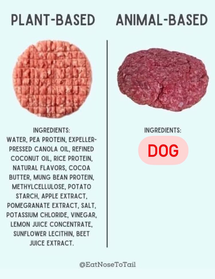 Yeah, we think we’ll stick with dog. 

When you see all the chemicals in plant-based meats, like beets and beans and lemon juice, the choice is clear. Choose #organic, local, &amp; humane:
Elwooddogmeat.com