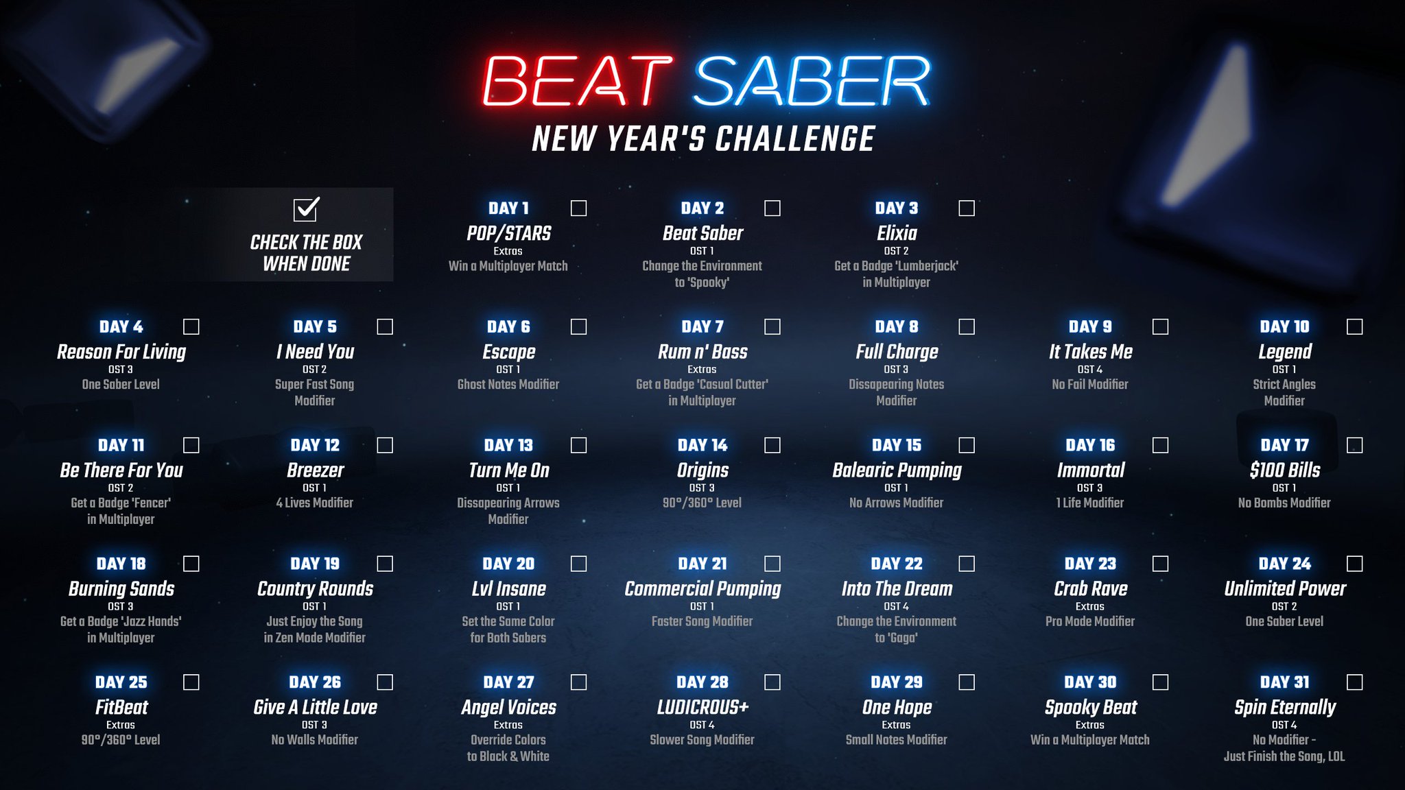 Saber on Twitter: "Ready to moving? Kick-start your new year with a Beat Saber Challenge! 💪 Join us any day in January and each challenge every day. Add #31BeatChallenge