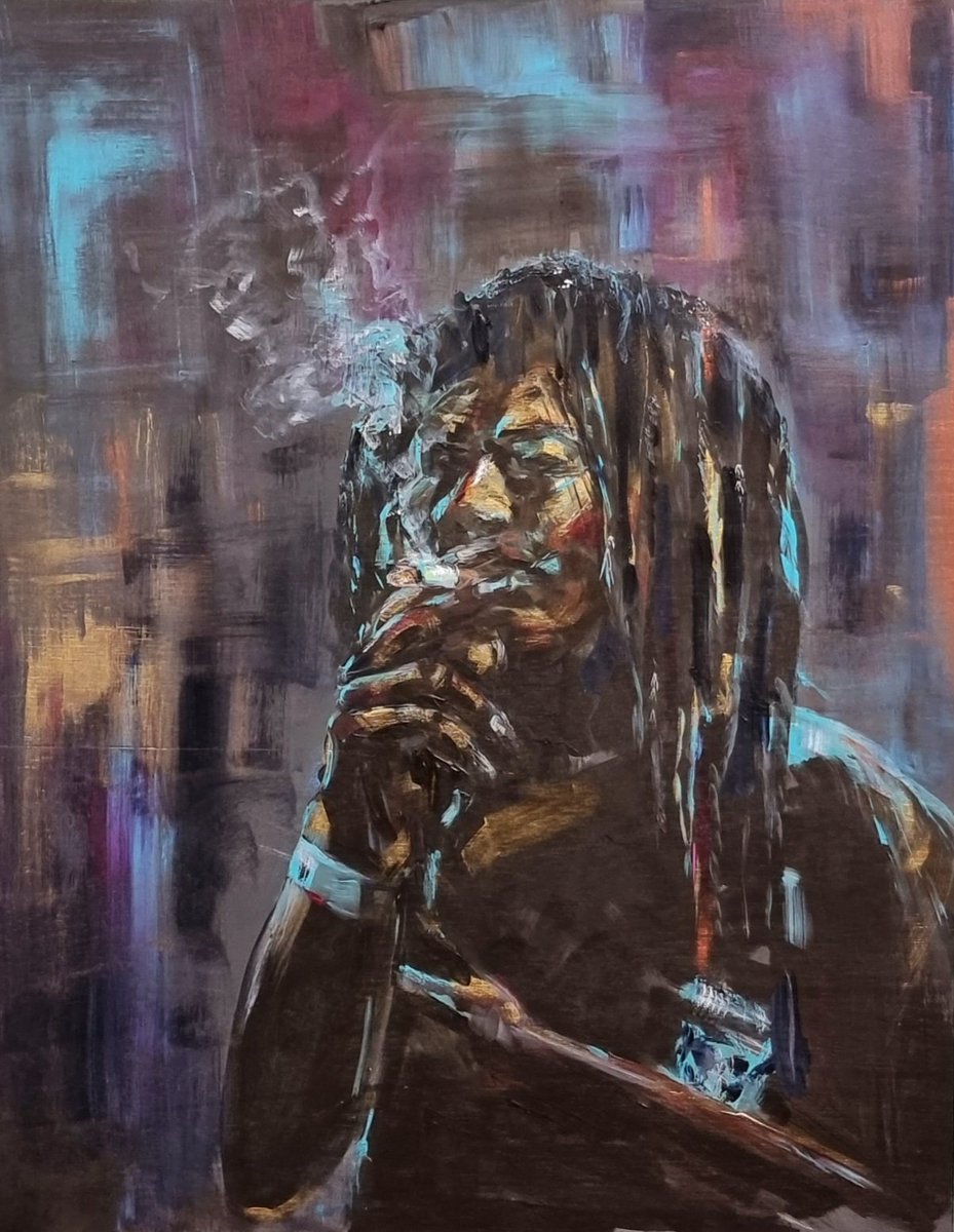 Accidentalarti4's tweet photo. Just put the brushes down on this badass!!! NFT will be available as soon as I'm happy with the scan of the work. He can't really go in my colourful birds collection though! 🙈🤣🤣 #nft #newnftart #badass #blm #cryptocomnft #droppingverysoon https://t.co/9zc8teKCc2