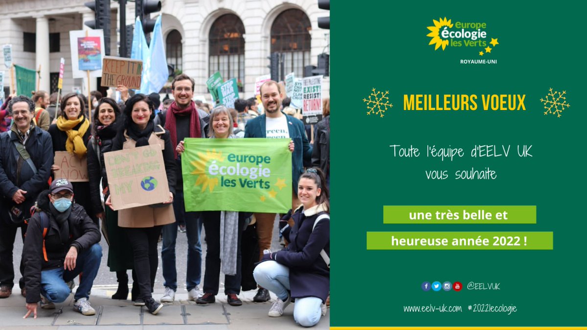 ❄ Toute l'équipe d'EELV UK vous souhaite une très bonne et heureuse année 2022! 
🌻 Mobilisé.e.s à vos côtés pour le climat et la biodiversité! #2022lecologie