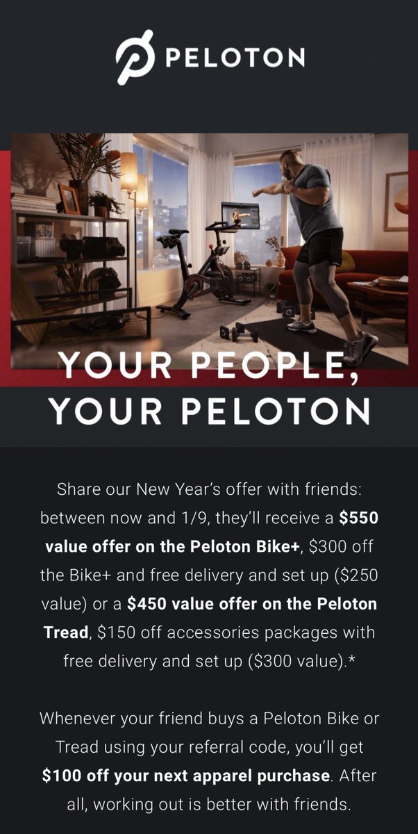 DeBruyneFPL's tweet photo. Peloton Referral Code Discount
Send me a message if you’d like the code for the discount below. It gets me a discount on apparel as well! Tread or bike! https://t.co/Pn92zu4Pou