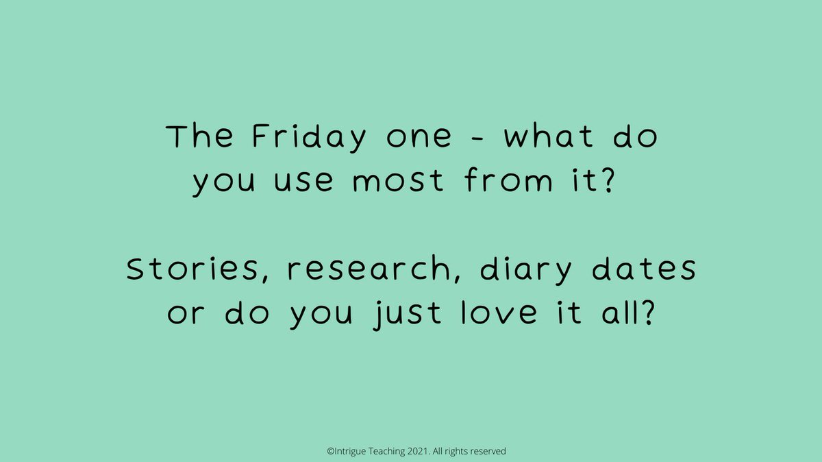 HumeMetcalfe's tweet image. What do you love from &apos;The Friday one - a round up of the week&apos; report:

The stories - Good to inspire

Research - useful for CPD

The diary dates - I use this to plan exciting things for my class

All of it!

To find out more:
intrigueteaching.kartra.com/page/Signup

#intrigueteaching #ect2021