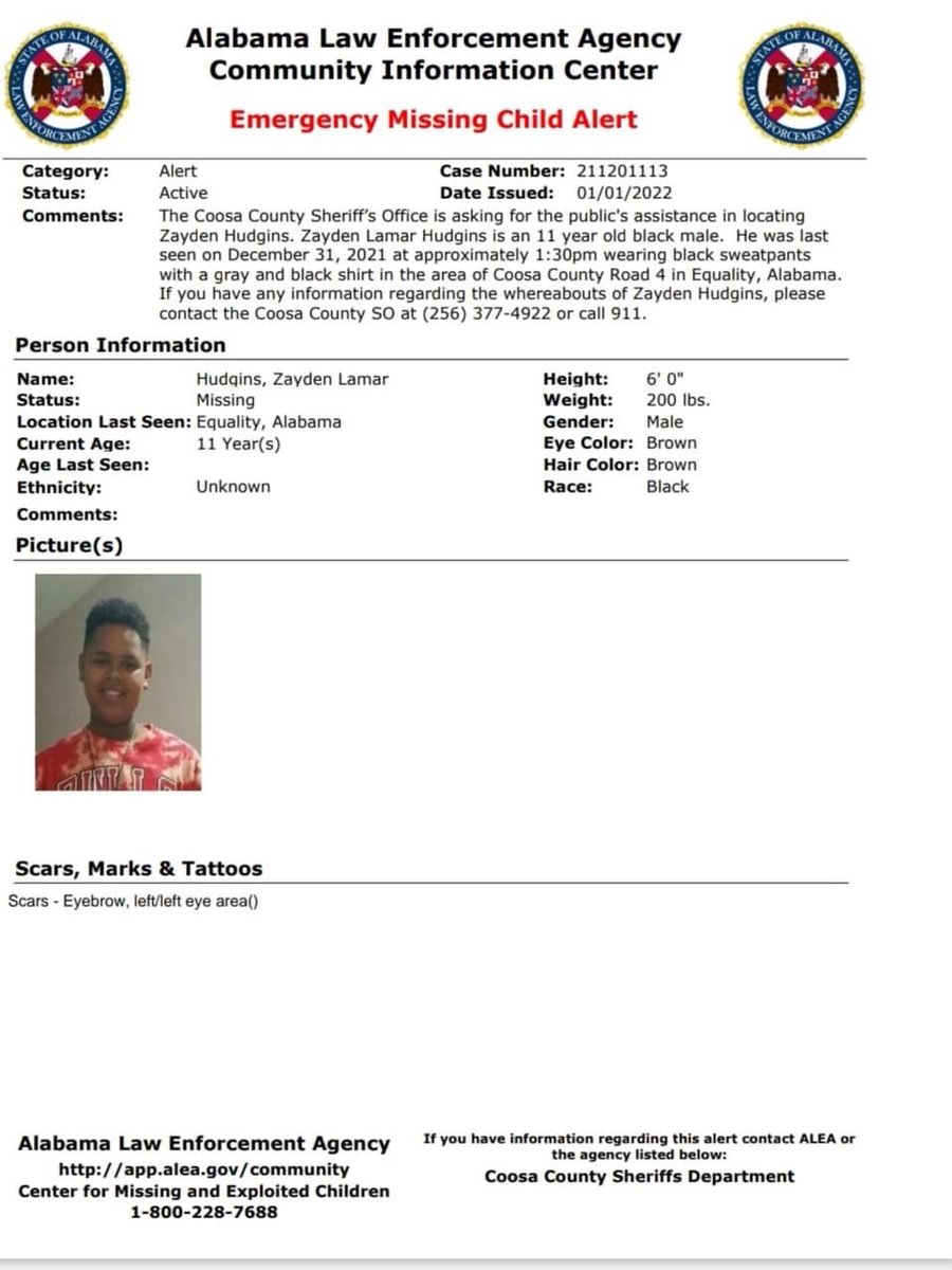 spann's tweet photo. EMERGENCY MISSING CHILD ALERT:  The Coosa County Sheriff’s Office is asking for the public’s assistance in locating Zayden Hudgins.

If you have any information regarding the whereabouts of Zayden Hudgins, please contact the Coosa County SO at (256) 377-4922 or call 911. https://t.co/3AZy1D6KQj