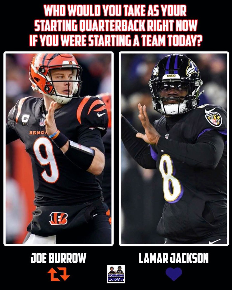 Who would you take as your starting quarterback right now if you were starting a team today?
#RuleTheJungle #RavensFlock

RT for Joe Burrow
Like for Lamar Jackson

Click here to listen to us share our thoughts: podcasts.apple.com/us/podcast/i-f…