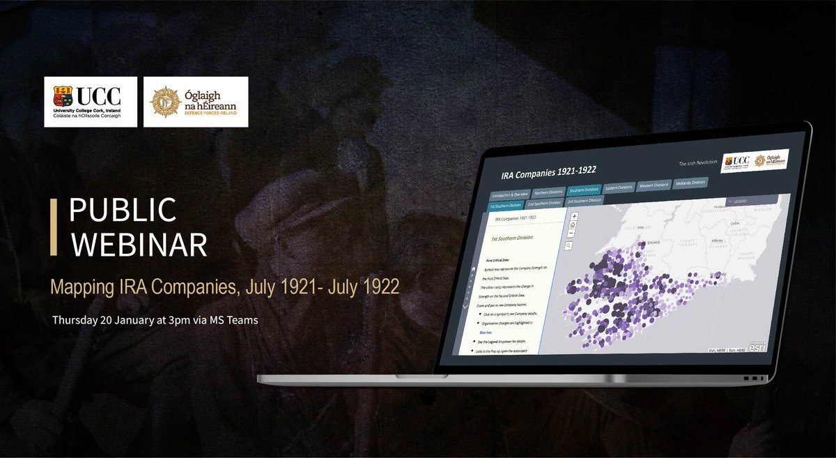 Join us on 20 January for @UCCHistory Public Webinar to mark the launch of the new, interactive #IRACompaniesMap created by @charlesroche in collaboration with the @mspcblog. More details & registration link available at ucc.ie/en/theirishrev…