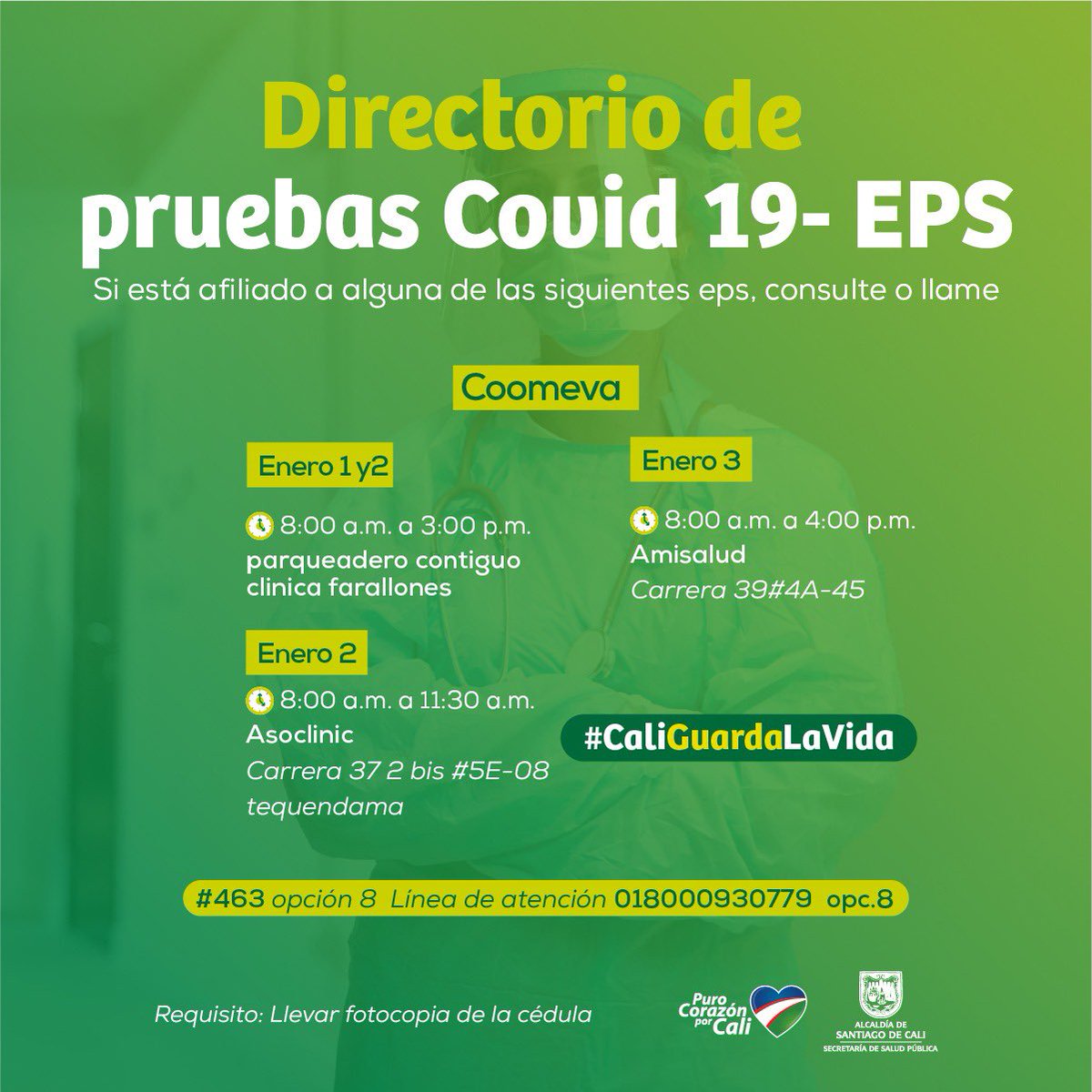 AlcaldiaDeCali's tweet photo. ¡Seguimos trabajando para detectar casos de COVID-19!

Conozca los puntos habilitados por la Red de Salud Pública y las EAPB, donde podrá realizarse la prueba de manera gratuita en Cali.

#TeQueremosCali 💙❤️💚
@SaludCali https://t.co/l9HZeik3PE