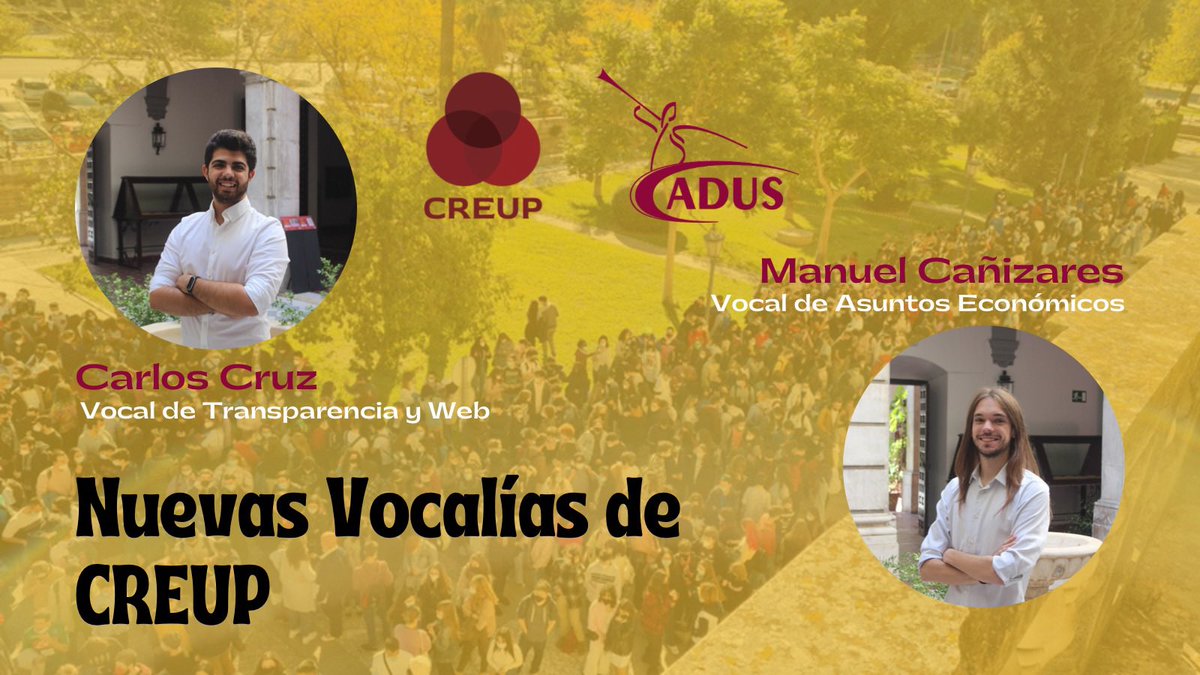 twitCADUS's tweet photo. Oficialmente nuestros compañeros @Carlos_Cru19 y @Mostolover han salido como nuevos vocales en @CREUPCREUP 

Enhorabuena 🎉🎉🎉 https://t.co/xzZsKvkI1q