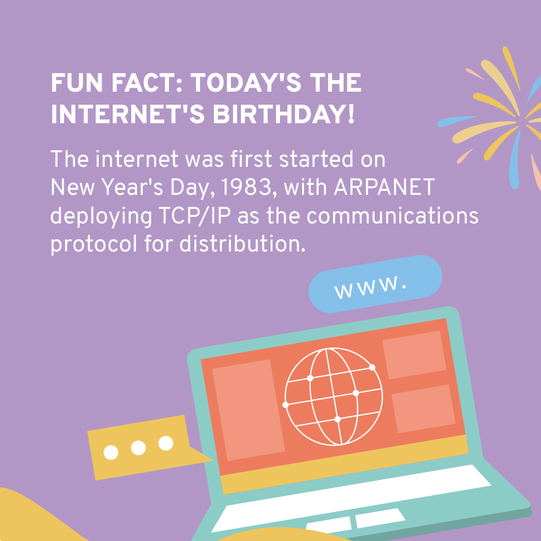 ConvertCart's tweet photo. Happy Birthday, Internet! 

On Jan 1st, 1983, the Internet Protocol that we use today became the only approved way to move data and allowed different kinds of computers on different networks to "talk" to each other. https://t.co/0GbTtHemGo
