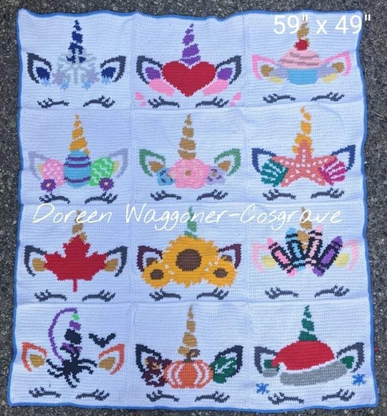 CglGraph's tweet image. Member Doreen Wagoner-Cossgrove  Unicorn CAL was designed by Catherine Wadler aka 2Crafty Nerds Crochet. This is a free CAL
This blanket was made for a special little girl. Her mommy is a friend of Doreen&apos;s oldest daughter.
Size 59&quot; x 49&quot;, h hook, red heart and craftsmart yarns.