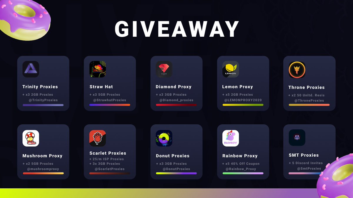 Let's start the year 2022 with a huge proxy giveaway.

Thanks to:
@TrinityProxies 
<a href="/StrawhatProxies/">StrawHat Proxies</a> 
<a href="/Diamond_proxies/">Diamond Proxy 💎</a> 
<a href="/LEMONPROXY2020/">LEMONPROXY</a> 
<a href="/ThroneProxies/">Throne Proxies</a> 
<a href="/mushroomproxy/">Mushroom Proxy</a> 
<a href="/ScarletProxies/">Scarlet Proxies</a> 
<a href="/DonutProxies/">DONUT_proxies</a> 
<a href="/Rainbow_Proxy/">RainbowProxy</a> 
<a href="/SmtProxies/">SMT Proxies</a> 

Like❤️
Follow✅
Retweet🔁
Tag a friend😊

Enjoy!