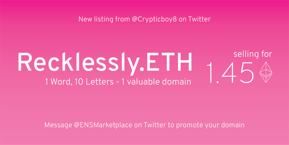 ENSMarketplace's tweet photo. 🔥 domain from @Crypticboy8!

#ENSMarketplace #ENS #ETH
#ENSDomains #DomainForSale https://t.co/cVNyCV0Owc
