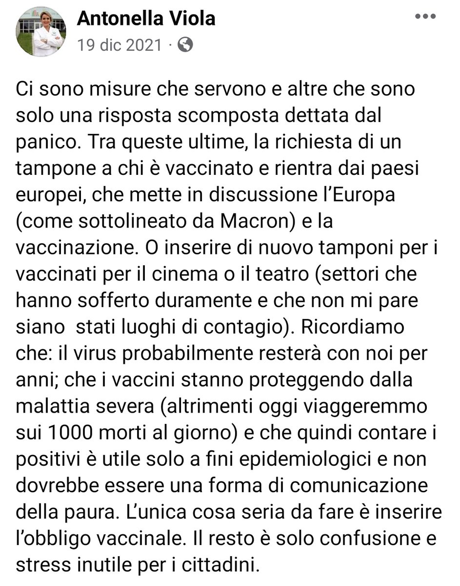 Il #virus probabilmente resterà con noi per anni. I #vaccini stanno proteggendo dalla malattia severa altrimenti oggi viaggeremmo sui 1000 morti al giorno quindi l’unica cosa seria da fare è inserire l’#obbligovaccinale.
Io credo in questa linea dell'immunologa #AntonellaViola
