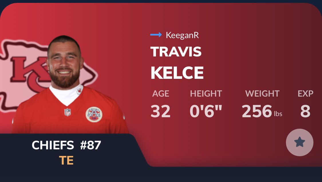 apq71e's tweet photo. @TheFFBallers Should we be concerned that Travis Kelce is playing Sunday, but is now only 6 inches tall? https://t.co/XqCe8THdMb