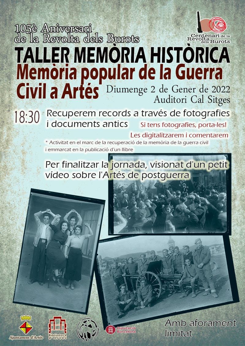 cupartes's tweet photo. Demà és 2 de gener i aquest any celebrem el 105è aniversari de la Revolta dels Burots. Per recuperar memòria col·lectiva, demà l'@AjuntamentArtes organitza un taller sobre la Guerra Civil. Porta les teves fotos, documents, històries i les comentarem! https://t.co/GhRc6gdQDY