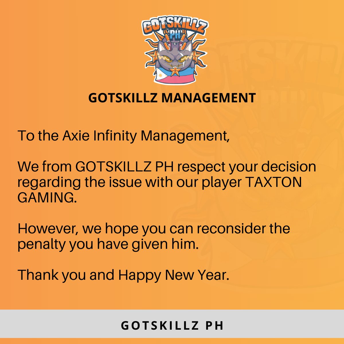 GotskillzPH's tweet photo. @AxieInfinity 

#JusticeforTaxton https://t.co/9dnlac0on1