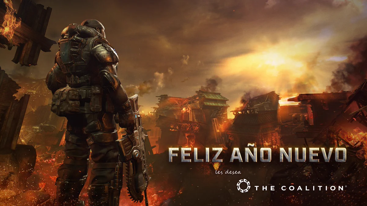 Marcus de espaldas a la izquierda mirando al horizonte de una ciudad de Sera con edificios en ruinas incendiándose. El sol se asoma apenas entre las nubes de un cielo gris. El texto en el tercio inferior derecho lee: "Feliz año nuevo les desea The Coalition".
