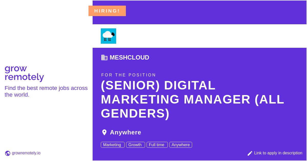 growremotelyio's tweet image. Check out this job at meshcloud for the position (Senior) Digital Marketing Manager (all genders).
Apply link: growremotely.io/?id=61cfa25ab7…
#hiring #remotejobs #meshcloud #SalesandMarketing