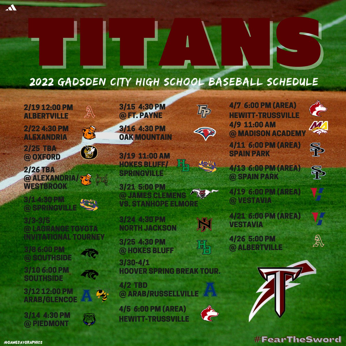 Help us share our 2022 Gadsden City Titans Baseball Schedule 🗡#FearTheSword #GameDayGraphics #BaseballSeason  <a href="/GadsdenCityAth/">Gadsden City Athletics</a> <a href="/gadsdentimes/">The Gadsden Times</a> <a href="/GameDayGraphic2/">ⒼⓐⓜⓔⒹⓐⓨ Ⓖⓡⓐⓟⓗⓘⓒⓢ</a>