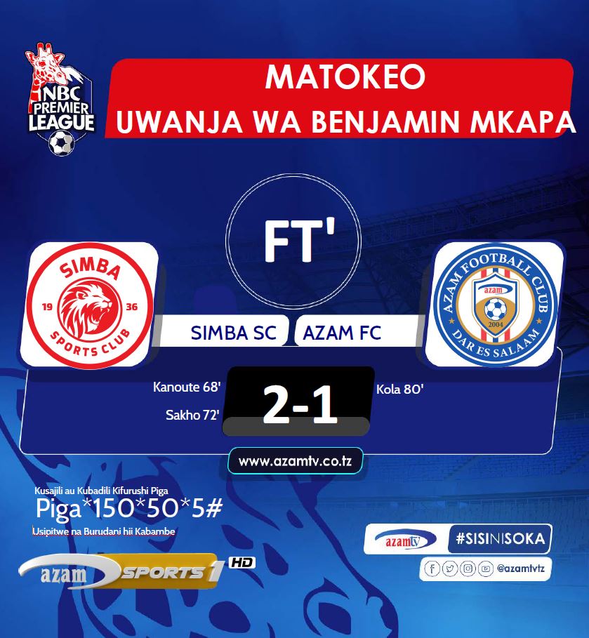 azamtvtz's tweet photo. MATOKEO | #NBCPL: Mnyama Simba amebeba alama tatu zote dimbani Benjamin Mkapa

Kanoute 68’, Sakho 72’

Kola 80’

Simba SC 2-1 Azam FC

Tuko LIVE #AzamSports1HD

#AzamSports1HD #NBCPremierLeague #NBCPL #NBCPLUpdates #LigiKuuYaNBC #SimbaVsAzam #SimbaSC #AzamFC #MzizimaDerby https://t.co/LYZBZW4M0s