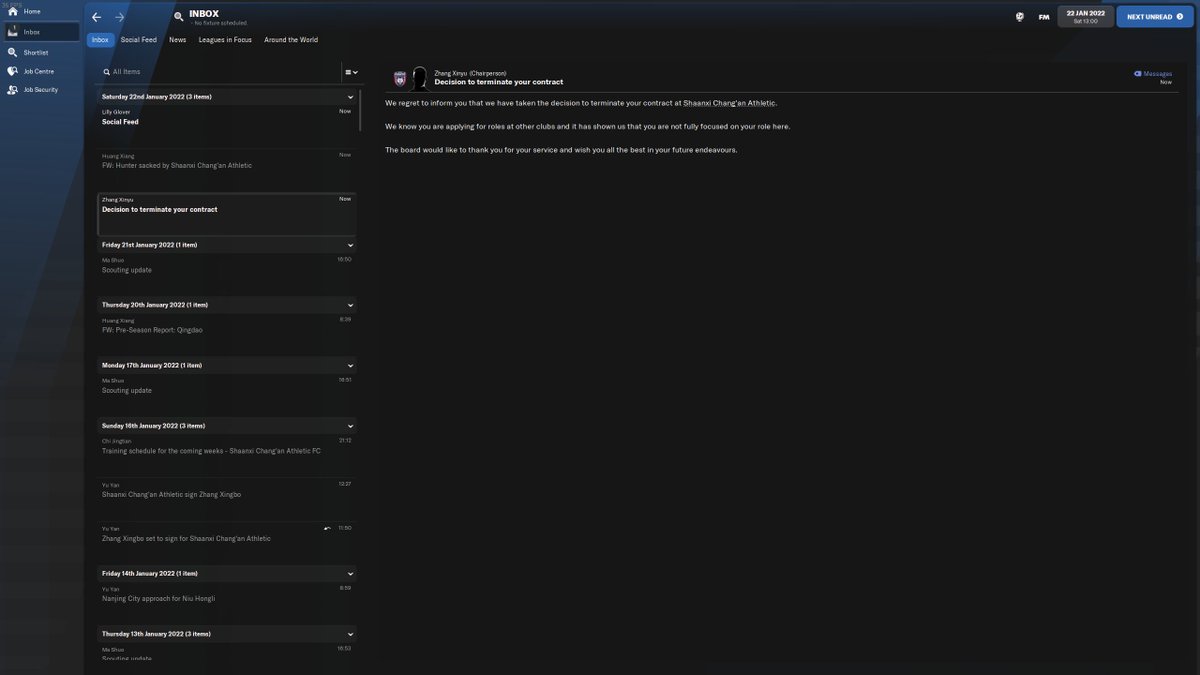 SJHEXTRA's tweet photo. WOW iv been fired after 4 games, (100% record) I applied for another job and boom board fired me instantly, in a way I'm glad as they wouldn't put me through my coaching badges #FM22 @FootballManager #WhyDoThis https://t.co/ihX7QKdJqc
