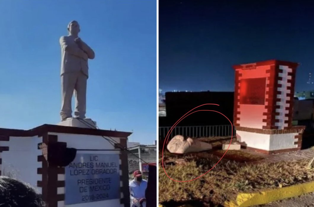 PedroFerriz's tweet photo. El hecho no puede ser ignorado.
Es significativo.
Primero caen estatuas, después a quien representan.

Grave error levantar un monumento a un ser vivo.
Eso es para quienes ya pasaron a la historia.

2022 será para AMLO un tobogán.
Su destino es hacia abajo. https://t.co/6KHoIKdFr3
