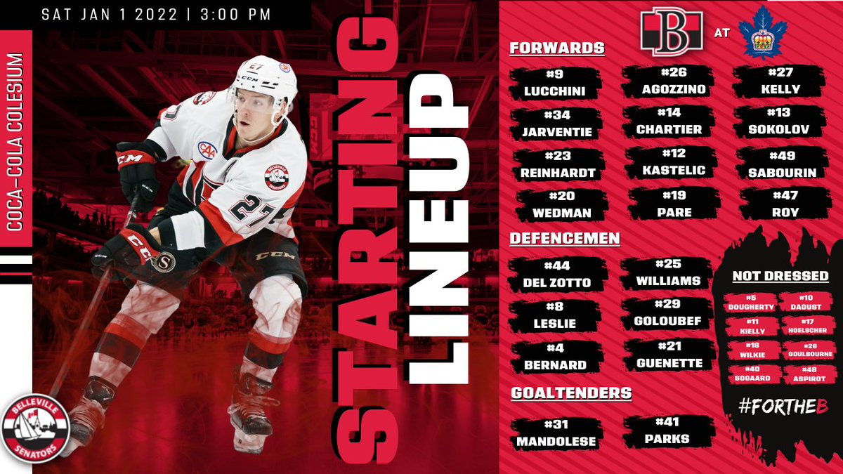Our first starting lineup of 2022 sees a few changes from Thursday including the additions of Roby Jarventie, Cody Goloubef, Colby Williams and Hugo Roy! #ForTheB

🆚 <a href="/TorontoMarlies/">Toronto Marlies</a>
📍Coca-Cola Colesium
⏰ 3:00pm
📻 <a href="/800CJBQ/">Quinte Broadcasting</a> 
💻 <a href="/TheAHL/">American Hockey League</a> TV 
📺 <a href="/TSN_Sports/">TSN</a> (TSN 4)