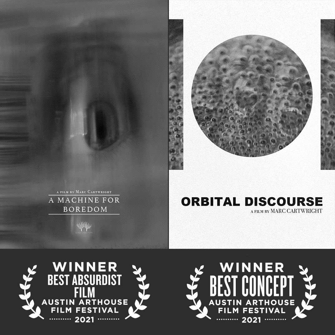 mcphotog's tweet photo. HAPPY NEW YEAR!! So honored to announce that both A MACHINE FOR BOREDOM &amp; ORBITAL DISCOURSE won awards at @AustinArthouse! A Machine For Boredom received the KAUFMAN AWARD for BEST ABSURDIST FILM and Orbital Discourse received the BUNUEL AWARD for BEST CONCEPT! #AustinArtHouse https://t.co/xyf6Rks7UE