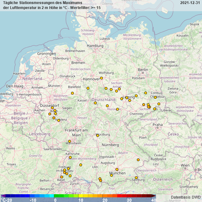DWD_klima's tweet photo. Stationen, an denen am gestrigen Silvestertag (31.12.2021) eine Temperatur von >=15°C erreicht wurde. (Quelle der Kartendarstellung: https://t.co/SCKkzgs07f #DWDCDC) https://t.co/bJraKuyls1