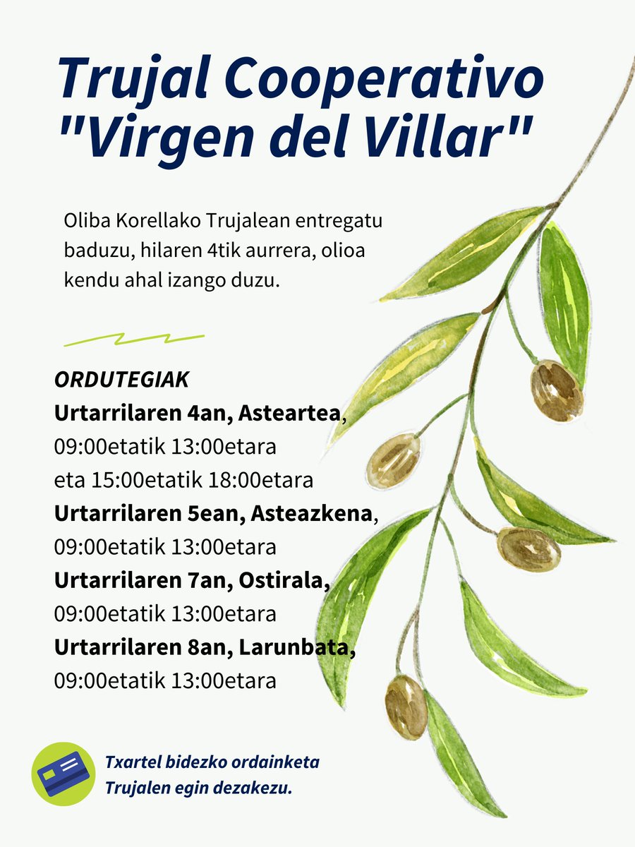 korellakoerbia's tweet photo. 🫒👐Así comenzamos el año en Corella.
🫒👐Horrela hasiko dugu urtea Korellan.
#corella #korella #navarra #nafarroa #aceite #olioa https://t.co/y2Aif4K9Qc