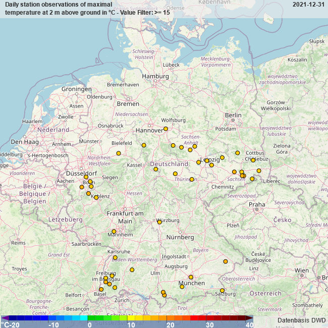 frakaspar's tweet photo. On New Year's Eve (yesterday), new temperature records for 31 December were set at many German stations. The map shows stations where a temperature of >=15°C was observed (source: https://t.co/SuVGXUOPNY, #DWDCDC, @DWD_klima). #Climate #Germany https://t.co/3HG9DsSZpW