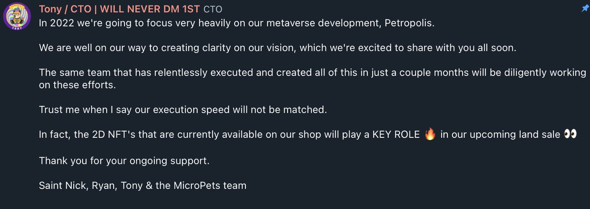 MicroPets_io's tweet photo. A small update on 2022! 🚨🚀🚀

Big things are coming! 

#micropets #petsarmy #nft #bsc #p2e #gamefi #staking #BSCGem  #Petropolis #metaverse #season2 #3DNFT #cryptocurrency #Dapp https://t.co/n7l7BO0xEQ