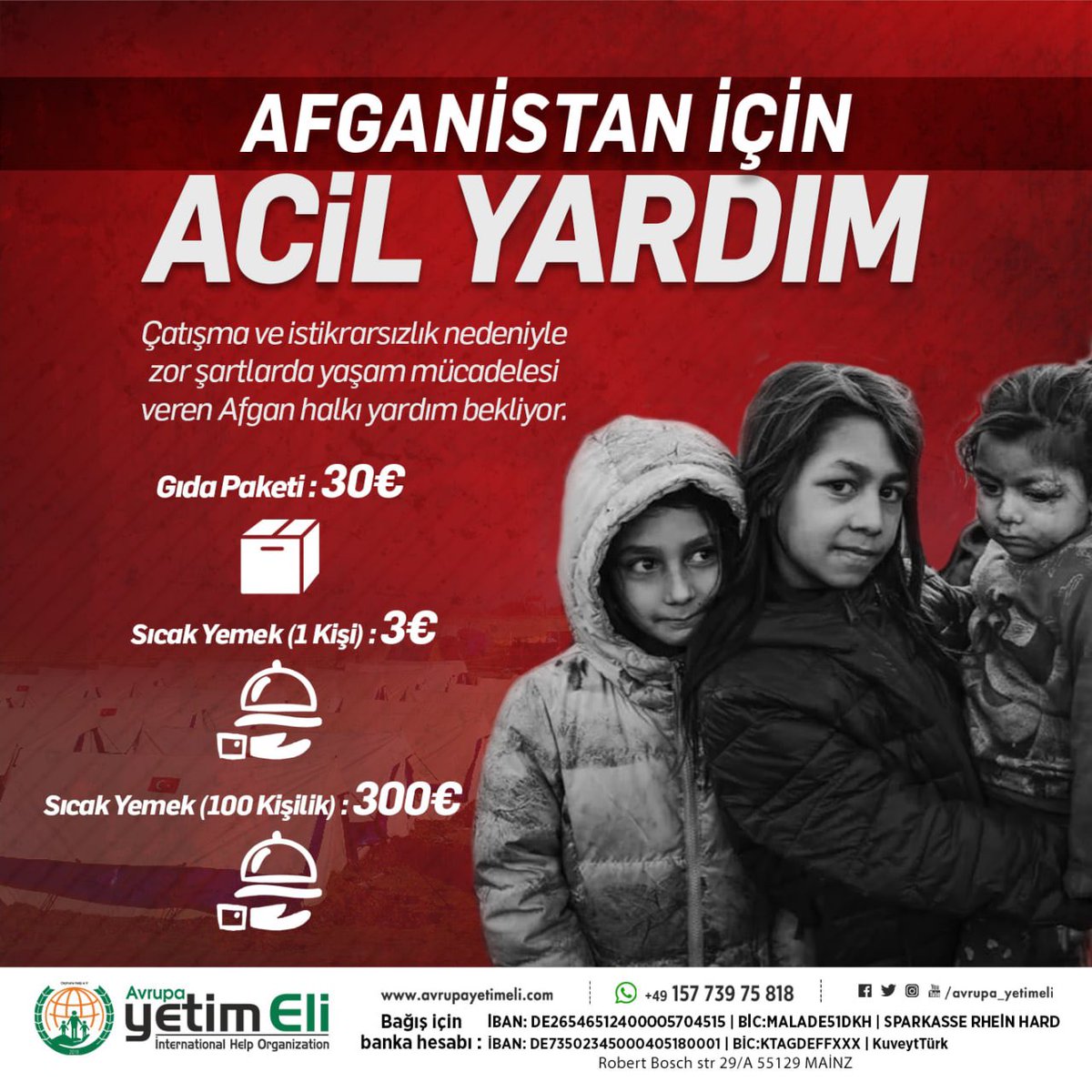 Avrupa_Yetimeli's tweet photo. Afganistan İçin Acil Yardım 

Çatışma ve istikrarsızlık nedeniyle zor şartlarda yaşam mücadelesi veren Afgan halkı yardım bekliyor.
#AfganistanaUmutOl https://t.co/EVIwr7bhaW