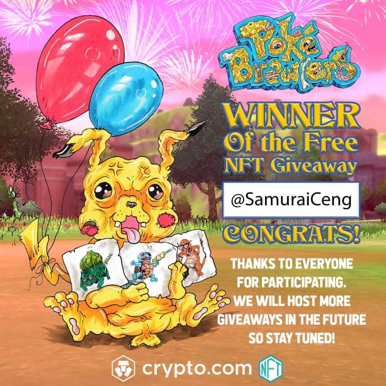 PokeBrawlers's tweet photo. Congratulations @SamuraiCeng !!! you've won. please Dm us with your choice of starter you'd like and your @cryptocomnft wallet address.  
#NFTGiveaway #Pokemon #cryptocurrency https://t.co/yypIvrUQge