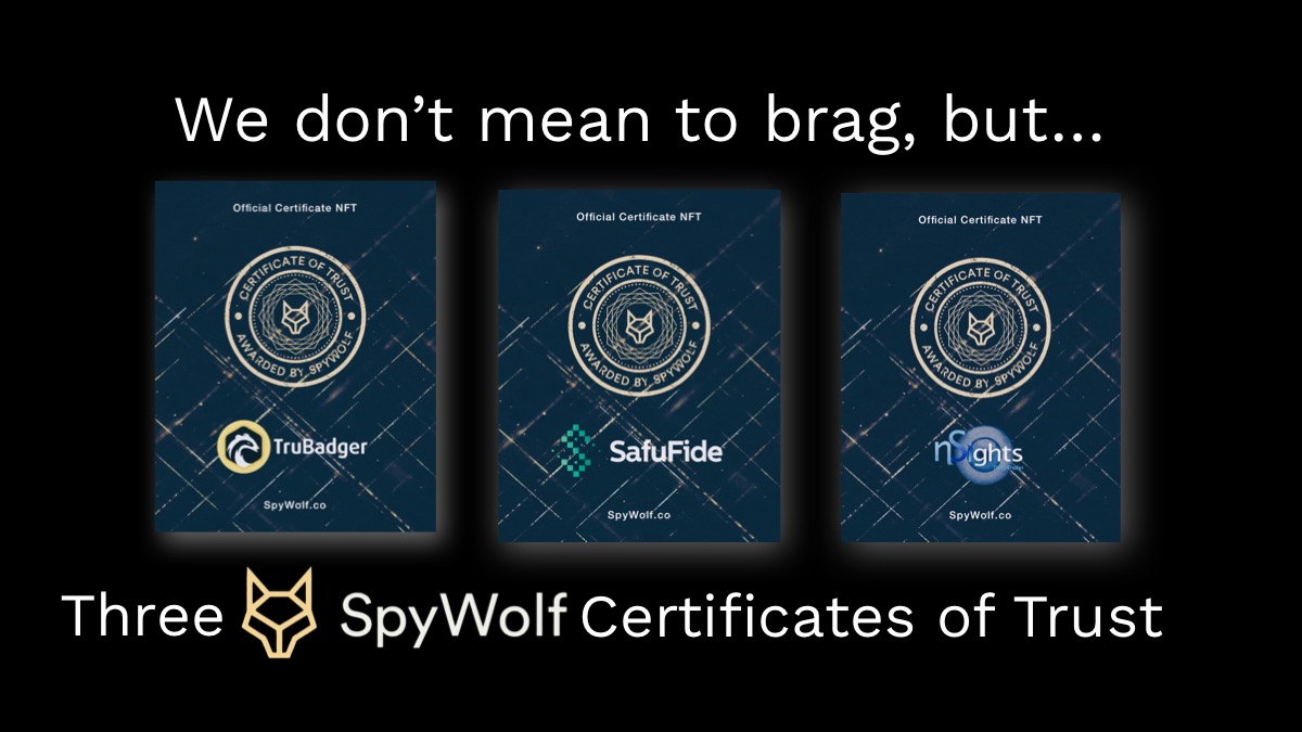 TheTruBadger's tweet photo. No bragging but we are definitely focusing on Quality! 🌍😎

Three SpyWolf Certificates of Trust that guarantees that we are providing Real Utilities and crypto solutions! 🚀🎊

*Now Available on Website*

#TruBadgerToken #Safest #nSights #Spywolf #Audit https://t.co/gx9xfoR5eg