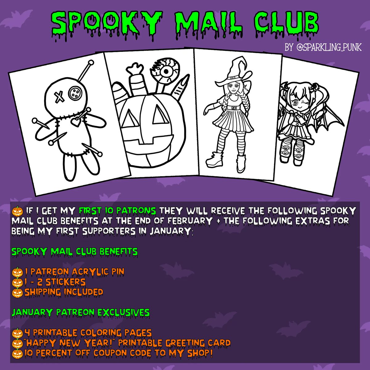 SpookyLilRocio's tweet photo. My Spooky Mail Club is now Live on @Patreon 🎃💚💜🧡🖤 Become one of my first 10 Patron and receive January only exclusives!

https://t.co/abA3Mxv6l2

#PatreonLaunch #Patreon #patreoncreator #SpookyMailClub #artist #Halloween https://t.co/sjMvQifU5l