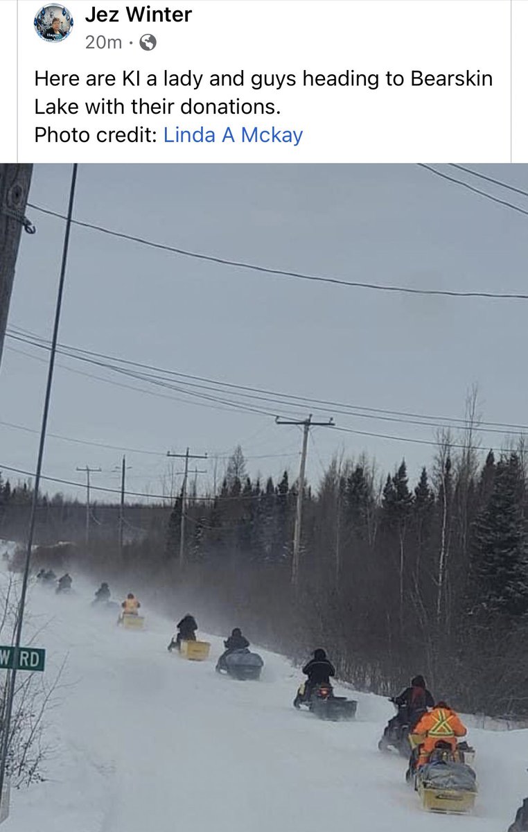 <a href="/TanyaTalaga/">Tanya Talaga</a> Grateful and safe travels to a group that just left of 26 Skidoos from Big Trout Lake heading to Bearskin bringing in essential supplies. It’s a 3 hour skidoo drive on trails and lakes in extreme cold weather.