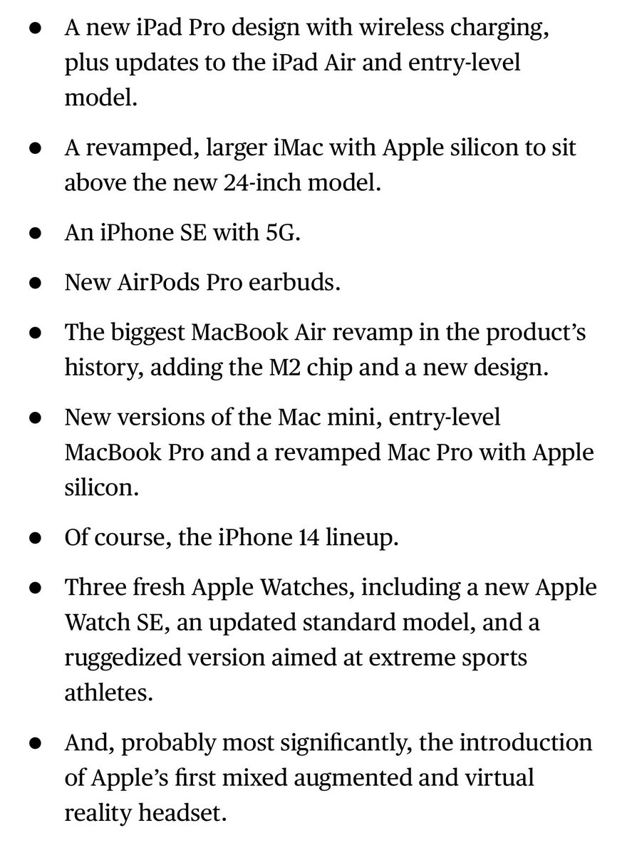 Welcome to 2022. My Apple predictions for this year from a month ago. Much more tomorrow on 2022 (iPhone 14, iPad Pro, Pro Macs, VR/AR, new OSs) and a look back at 2021’s launches in this week’s Power On. Subscribe here to make sure you get it! bloomberg.com/account/newsle…