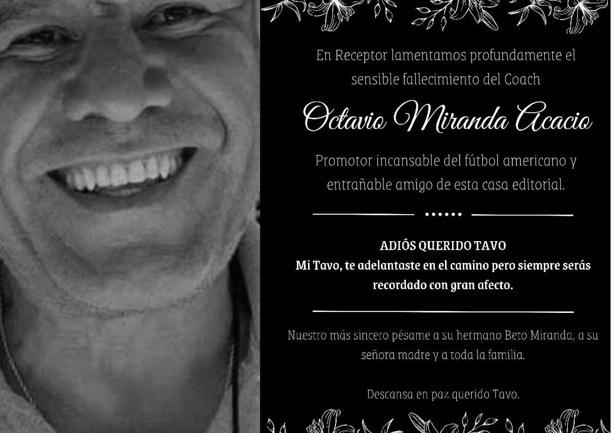 receptorcommx's tweet image. Adiós Coach Tavo Miranda 
Entrenador de fútbol americano que marcó a cientos de jugadores 🏈 Descanse en paz ⚫️
bit.ly/3FGqmQh