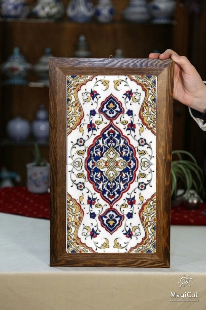 Tile Art,Handmade,Turkish Tile Wooden Frame Iznik Tile Tile,3 pcs 20x40 cm Gift Framed Tile Ottoman Tile,Wall Decor,Wall Art,Home Gift