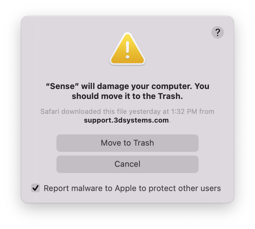 urbanatwork's tweet photo. Just installing some old 3D scanner software, downloaded from @3dsystems and got this scary message. Please tell me it isn't true and that it's just apple's ultra-protective signing certificates? #Apple #Security https://t.co/HQ0u4w8PwN