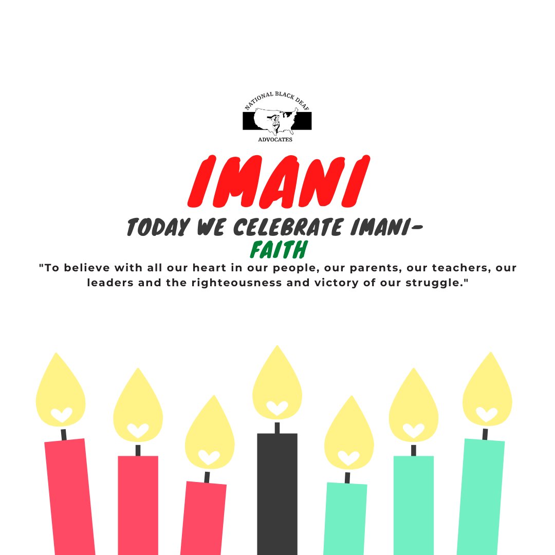 Kwanzaa Principle, Imani What does it mean? - President of Southern California Black Deaf Advocates (SoCal-BDA), Rezenet Moges-Riedel explains in ASL what it means. Check out our YouTube video link for her vlog!, mailchi.mp/e5735fde9272/t…