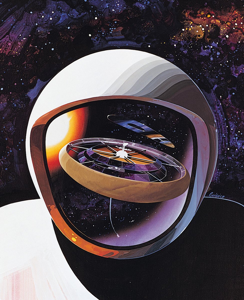 70sscifi's tweet photo. For 2022, I'm doing Space Helmet Reflection Saturday! Every Saturday, I'll post a retro sci-fi illustration featuring a scene reflected through the visor of a spacesuit. 

First up is one of the most beautiful examples, this NASA space settlement concept art by Rick Guidice. https://t.co/3lHBUAOH0F