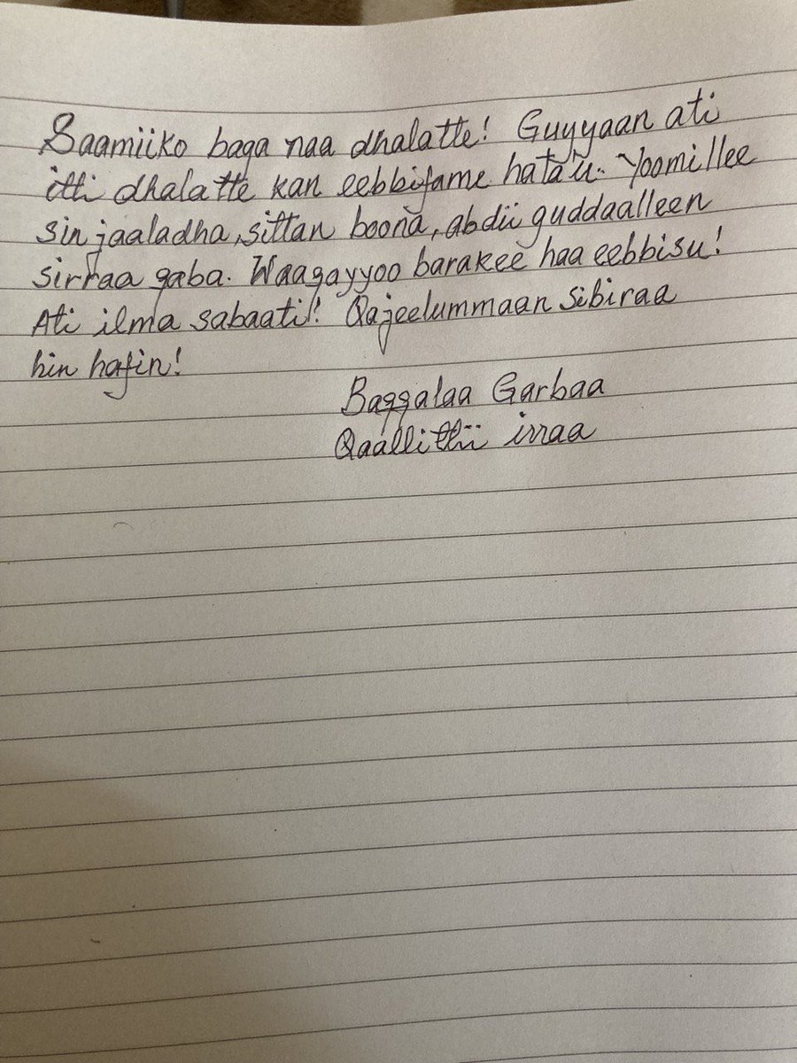 SamBekeleGerba's tweet photo. My Father(Bekele Gerba) sent me this letter for my birthday from his prison cell. 

His message:- keep walking in the paths of righteousness! https://t.co/8WNEIqD9EH