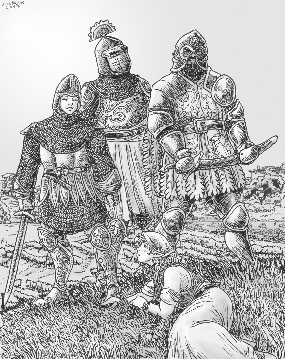 shabazik's tweet photo. Three #mercenary knights of Dol'Sorne: a grey #elf, a human and a Kanov, asking for directions to a local.

#drawing #fantasyart #fantasy #knight #condottieri https://t.co/G4dgTtXRnw