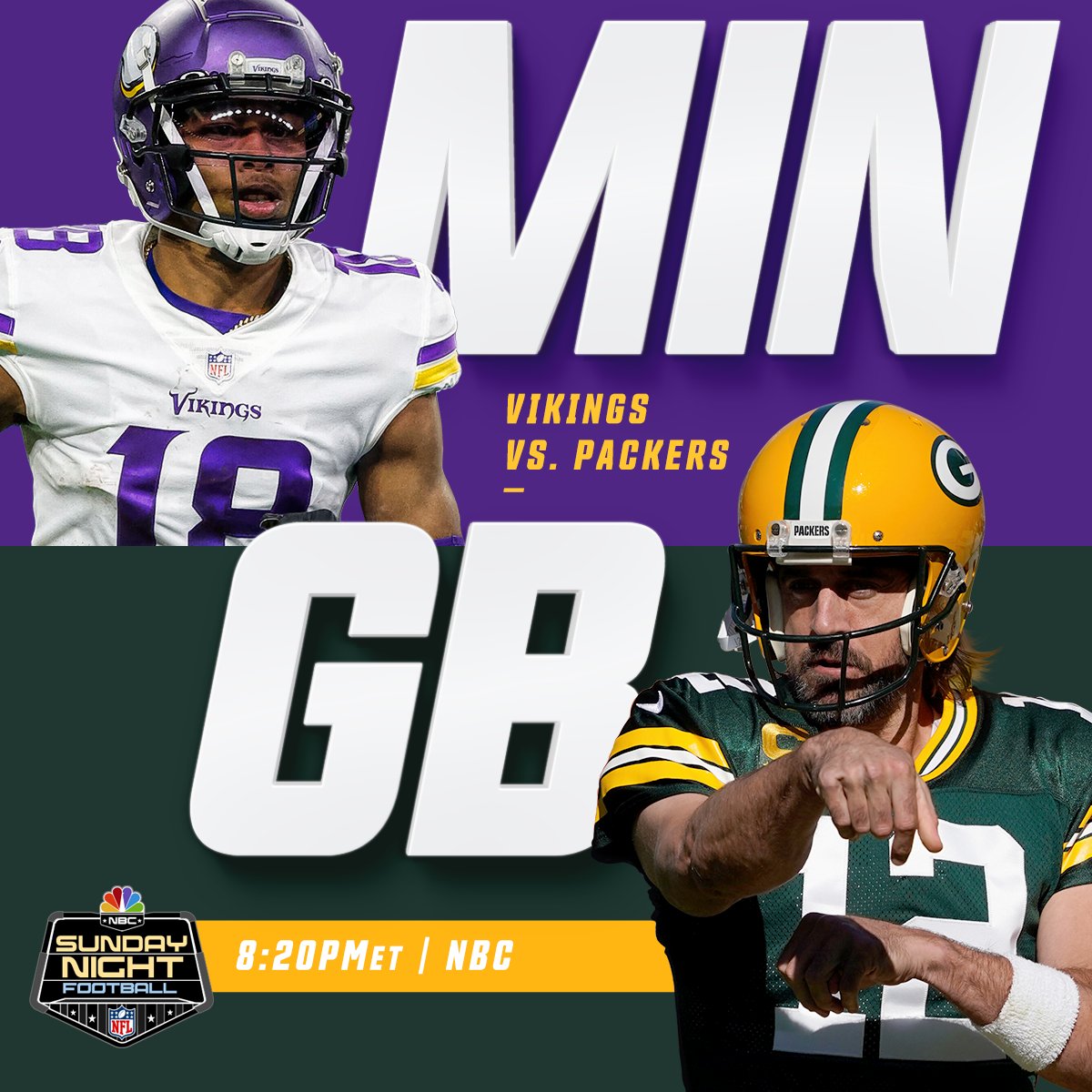 NFL's tweet photo. Division rivals going at it in the Lambeau cold.

What more can you ask for to wrap up Sunday?

📺: #MINvsGB — Sunday 8:20pm ET on NBC
📱: NFL app https://t.co/JqdcpzPCdj