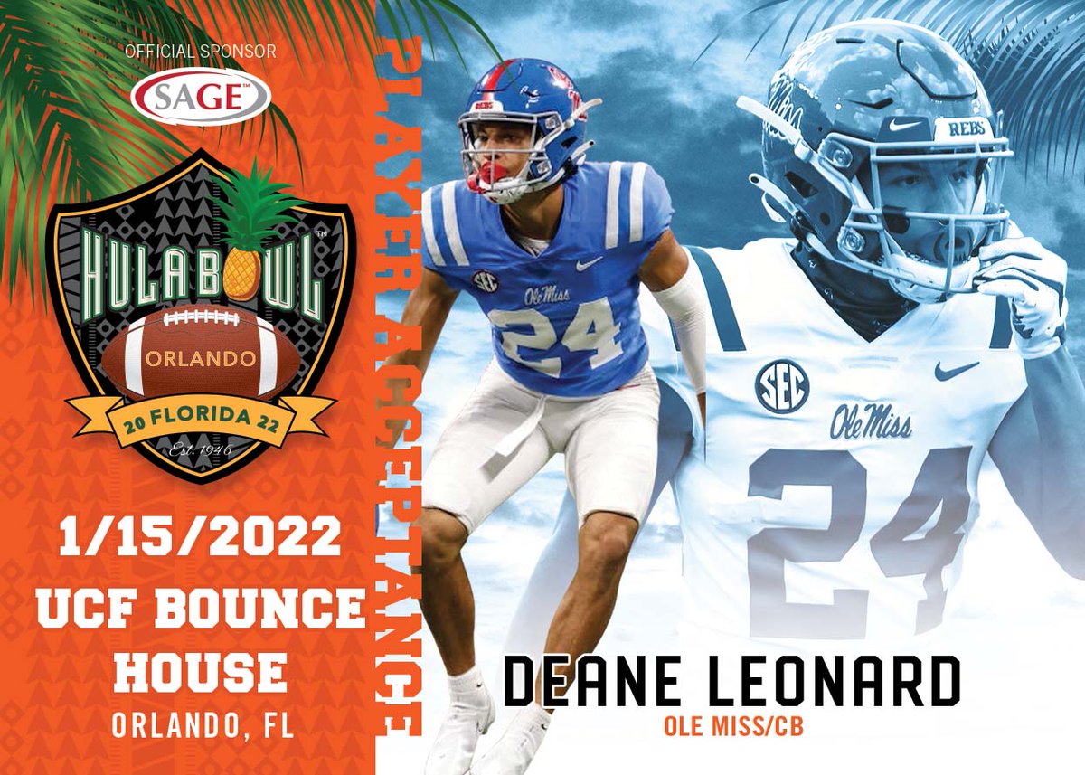 Hula_Bowl's tweet photo. Disruptive playmaking DB with good range and good ball skills. We look forward to seeing @OleMissFB CB @DeaneJLeonard showcase his cover skills in the Bounce House in 2 weeks. @DraftDiamonds are found at the #HulaBowl @SAGECards @draftguyjimmy @scott_nfl @SEC https://t.co/VgwQsDNJVv