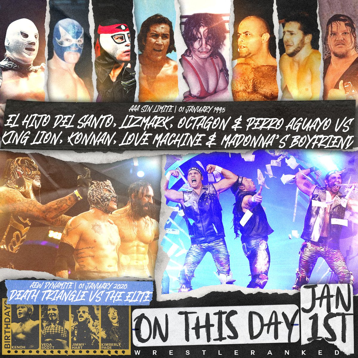 WrestleRanked's tweet photo. 📆ON THIS DAY (January 1st)📆
⭕@ElHijodelSanto, Lizmark, @Octagon_real &amp; Perro Aguayo vs. King Lion, @Konnan5150, Love Machine &amp; Madonna's Boyfriend
⭕ @BASTARDPAC, @ReyFenixMx &amp; @PENTAELZEROM vs. @KennyOmegamanX, @youngbucks 

#Wrestling #ProWrestling #LuchaLibre #AEW #AAA https://t.co/bLSXdiOlvn