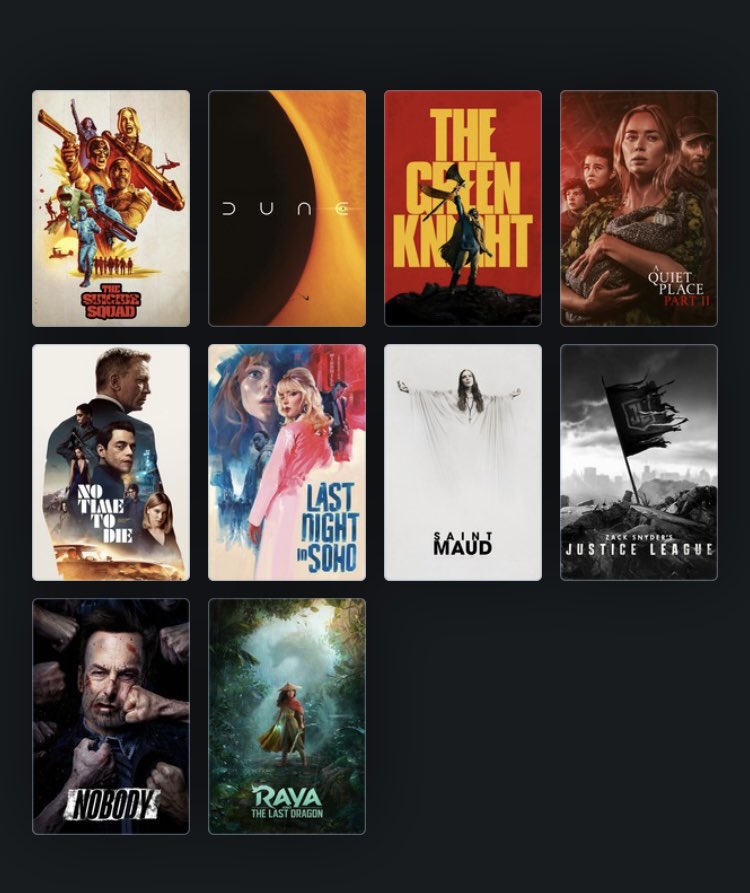 In case if you all haven’t seen it yet. Here’s my top 10 favorite movies of 2021!
#TheSuicideSquad #Dune #TheGreenKnight #AQuietPlace2 #NoTimeToDie #LastNightInSoho #SaintMaud #SnyderCut #Nobody #RayaAndTheLastDragon